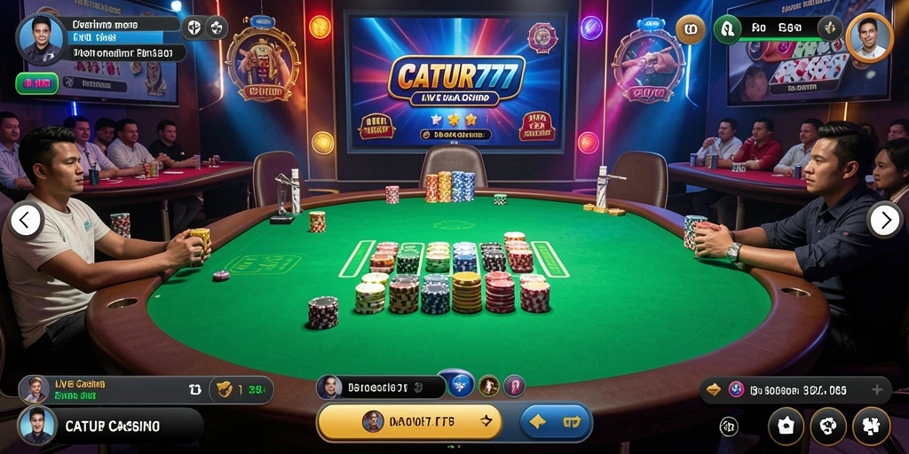 Screenshot gameplay CATUR777 menampilkan dealer langsung dan suasana kasino yang menegangkan.
