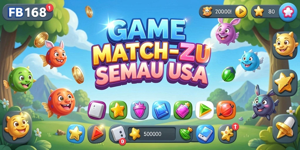 Screenshot utama FB168 menunjukkan gameplay Match-3 yang seru dan penuh warna.