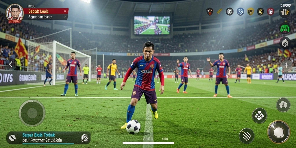 Screenshot gameplay ID098 dengan aksi sepak bola yang dinamis.
