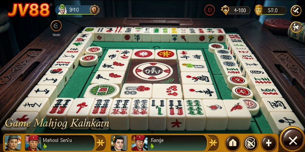 Tampilan gameplay JV88 dengan antarmuka yang menarik dan ubin Mahjong.