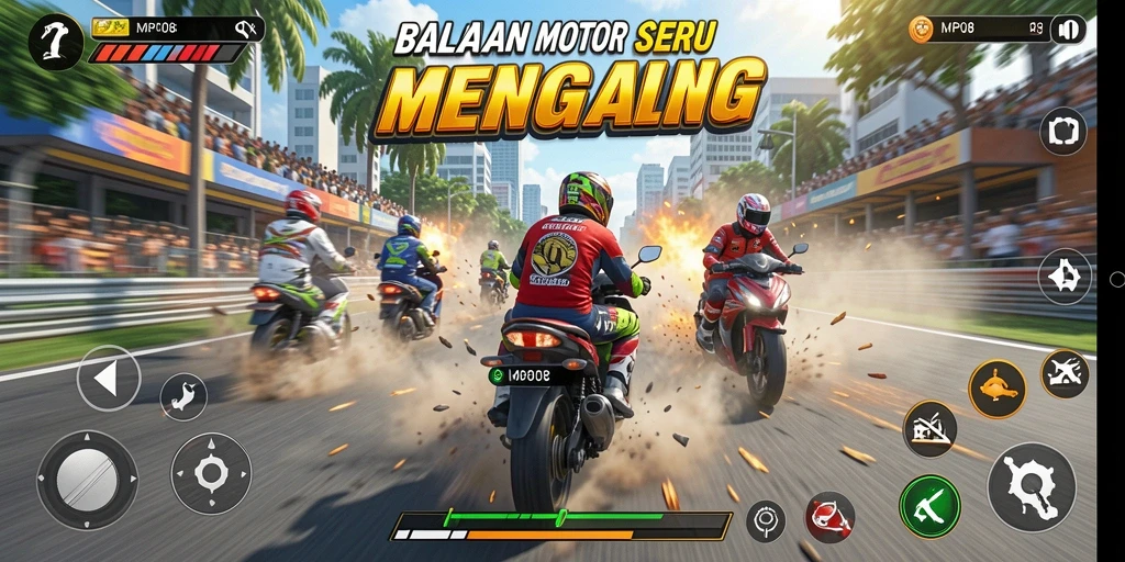 Gameplay seru MPO08 dengan lintasan balapan yang menantang.