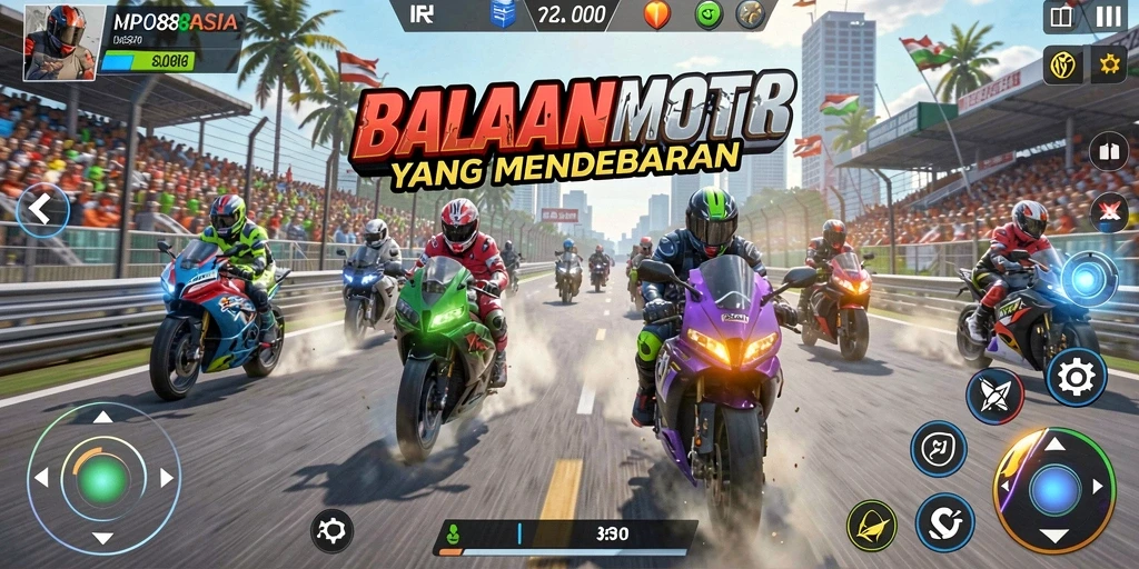 Tampilan mendebarkan dari gameplay balapan motor MPO88ASIA.