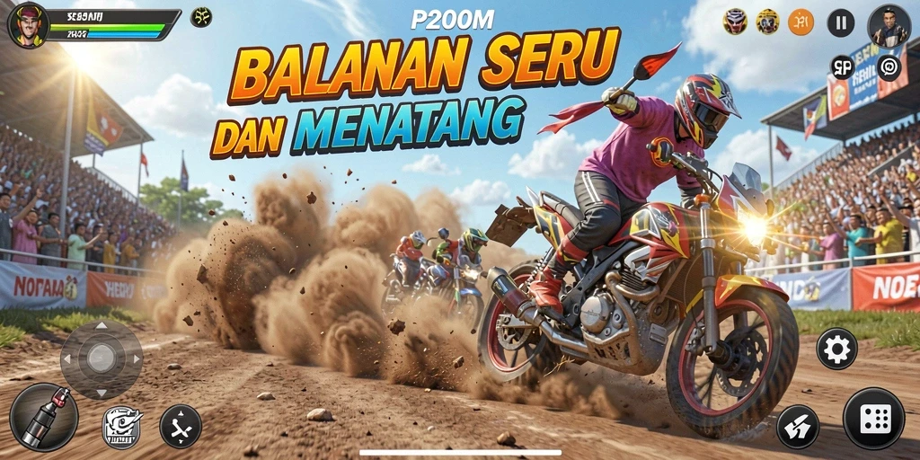 Screenshot P200M menampilkan aksi balapan yang mendebarkan di trek yang menantang.