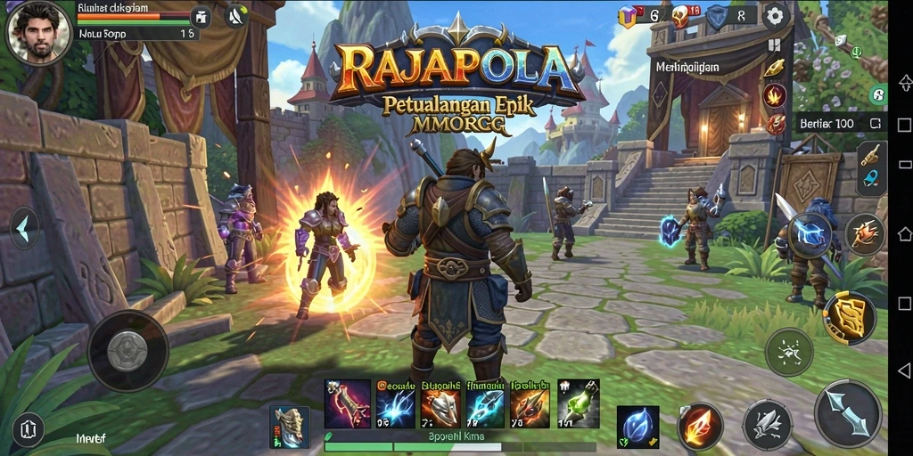 Tampilan screenshot utama RAJAPOLA dengan karakter yang sedang bertarung.