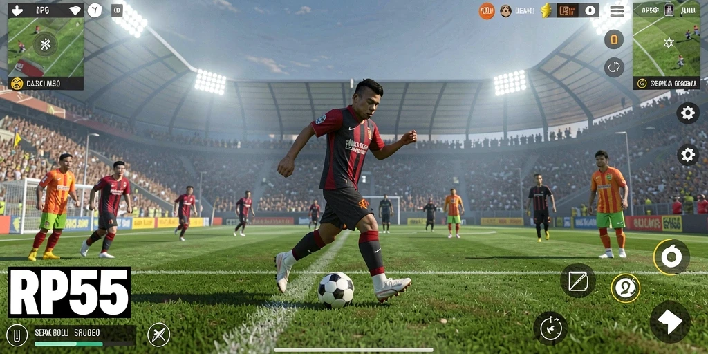 Tampilan gameplay RP55 dengan aksi seru di lapangan sepak bola.