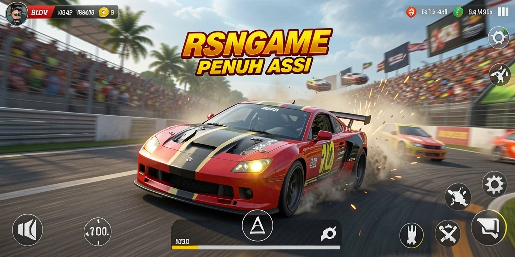 Tampilan gameplay RSNGAME dengan balapan mobil yang seru.