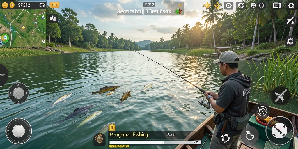 Tampilan gameplay SP212 menampilkan serunya memancing ikan di danau yang indah.