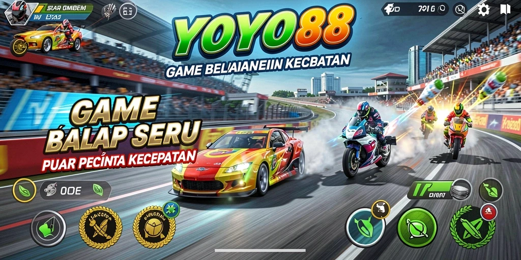 Tampilan gameplay seru di YOYO88 dengan mobil balap dan trek menantang.